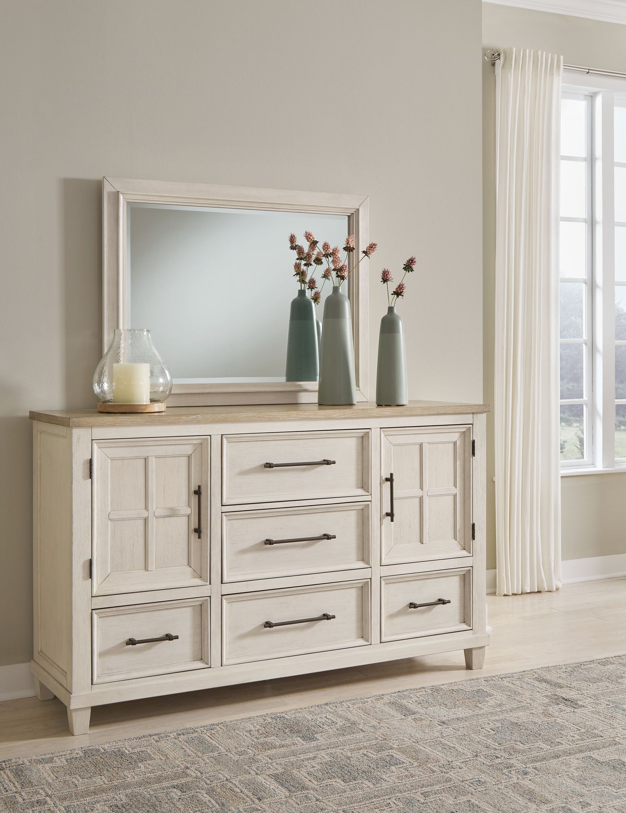 Shaybrock - Antique White / Brown - Dresser And Mirror - Tony's Home Furnishings