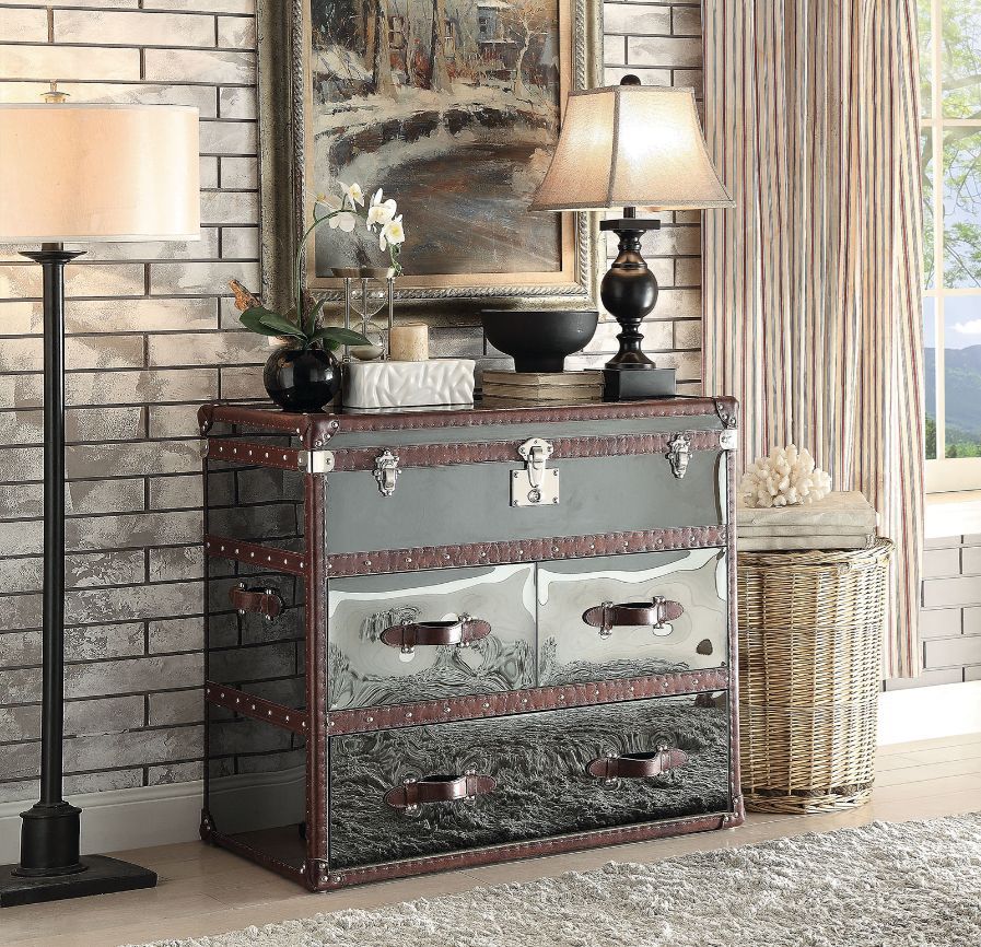Aberdeen - Accent Table - Vintage Dark Brown Top Grain Leather & Stainless Steel - Tony's Home Furnishings