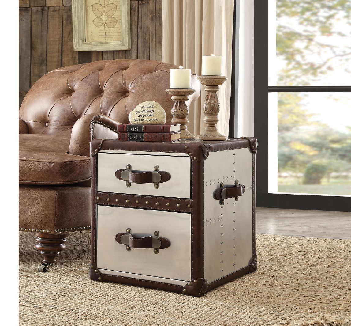 Aberdeen - End Table - Vintage Dark Brown Top Grain Leather & Aluminum - Tony's Home Furnishings