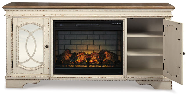 Realyn - Chipped White - 2 Pc. - 74" TV Stand With Electric Infrared Fireplace Insert Signature Design by Ashley® 