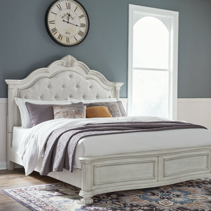 Montelaine - Antique White - King Upholstered Panel Bed Benchcraft® 