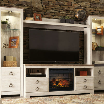 Willowton - Whitewash - Entertainment Center - TV Stand With Faux Firebrick Fireplace Insert Signature Design by Ashley® 