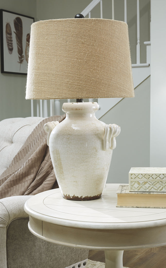 Emelda - Cream - Ceramic Table Lamp Ashley Furniture 