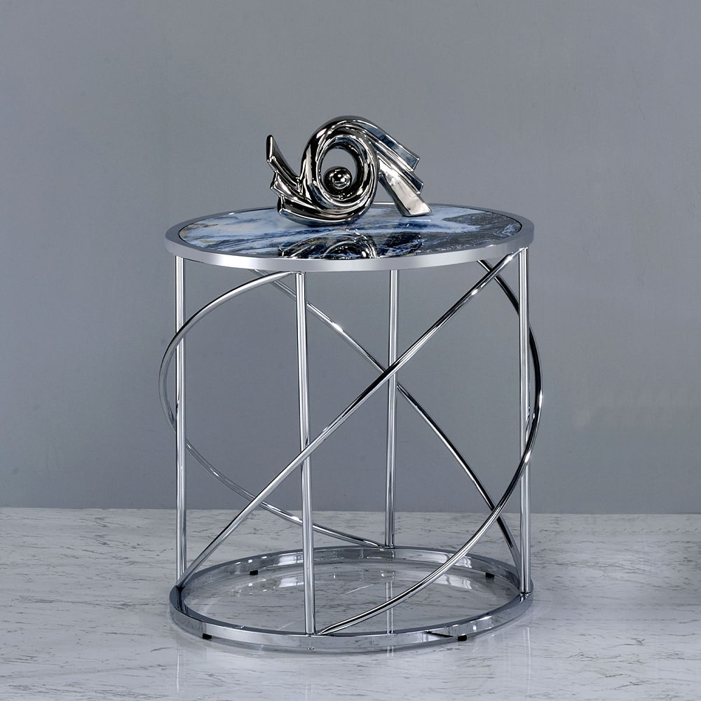 Lyda - End Table - Blue Marble Print & Chrome - Tony's Home Furnishings