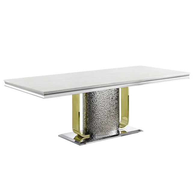 Fadri - Dining Table With Engineering Stone Top & Pedestal Base - Mirrored Silver & Gold - Tony's Home Furnishings