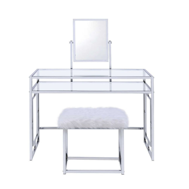 Carenze II - Vanity Desk - White Faux Fur & Chrome ACME 