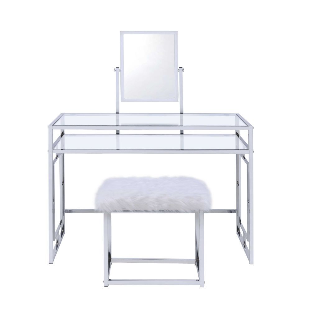 Carenze II - Vanity Desk - White Faux Fur & Chrome ACME 