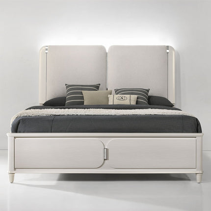 Laveda - Eastern King Bed With LED - Light Gray Boucle & Pearl White Finish ACME 