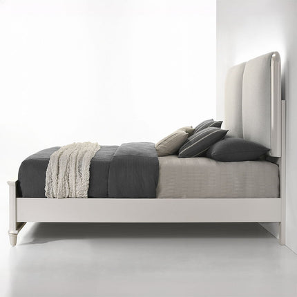 Laveda - Eastern King Bed With LED - Light Gray Boucle & Pearl White Finish ACME 