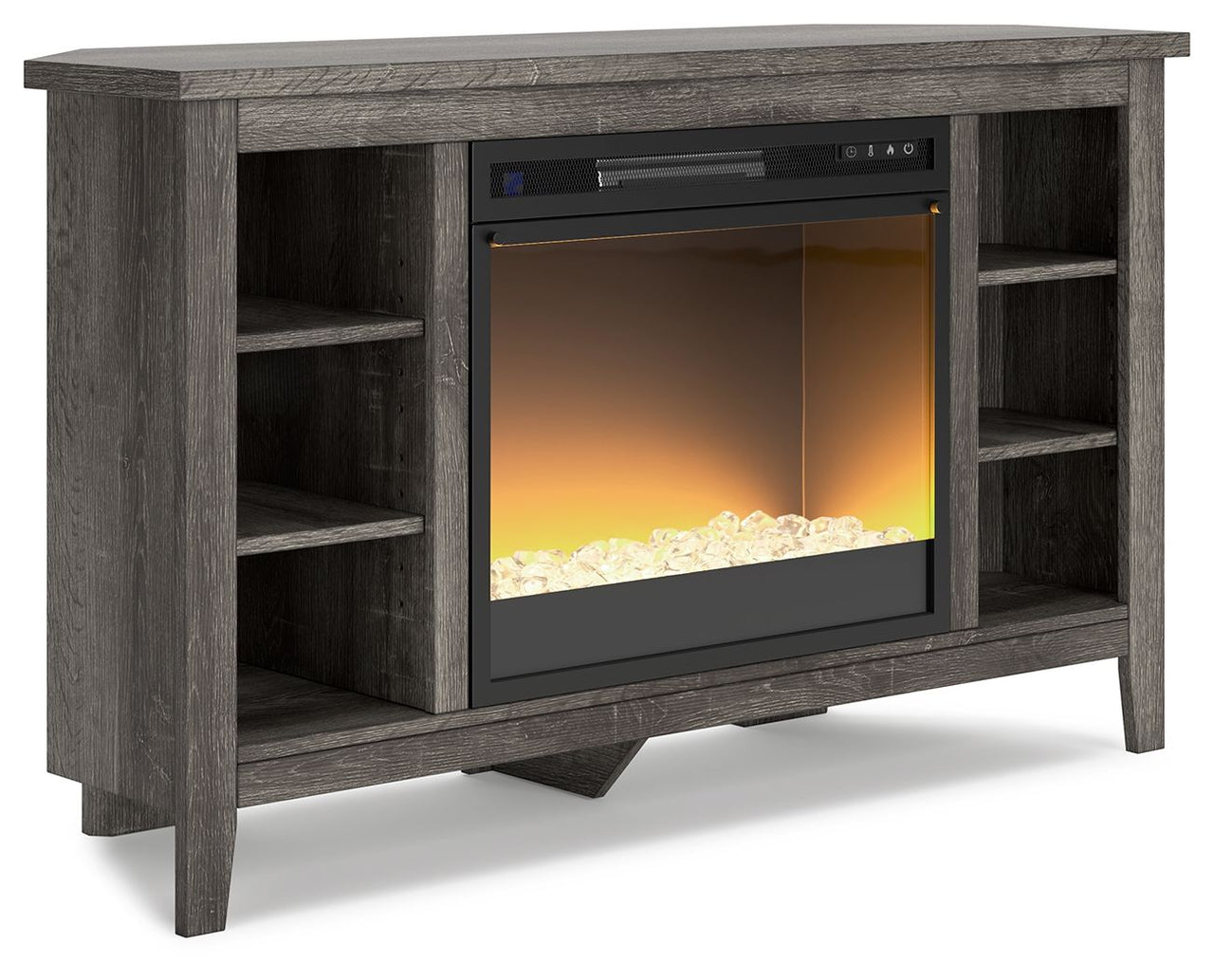 Arlenbry - Gray - Corner TV Stand With Glass/Stone Fireplace Insert - Tony's Home Furnishings