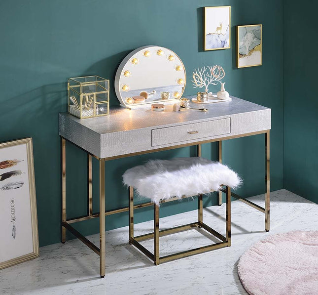 Piety - Vanity Desk - Silver PU & Champagne Finish ACME 