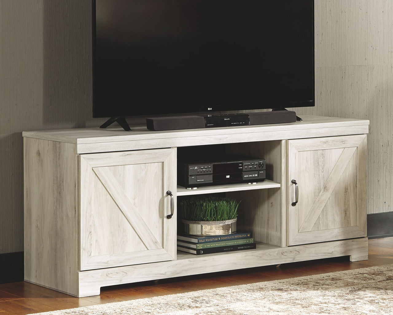 Bellaby - Whitewash - Entertainment Center - TV Stand With Faux Firebrick Fireplace Insert - Tony's Home Furnishings