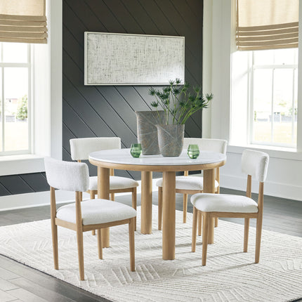 Sawdyn - White / Light Brown - 5 Pc. - Round Dining Room Table, 4 Side Chairs - Tony's Home Furnishings