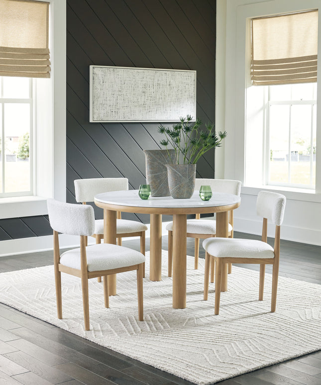 Sawdyn - White / Light Brown - 5 Pc. - Round Dining Room Table, 4 Side Chairs - Tony's Home Furnishings