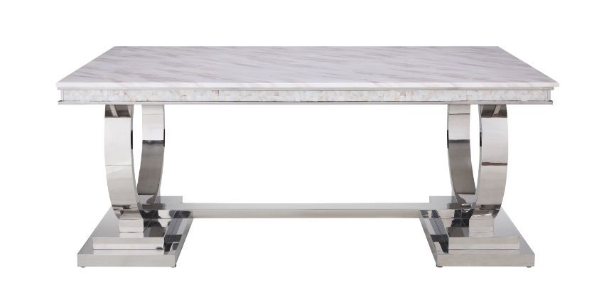Zander - Dining Table - White Printed Faux Marble & Mirrored Silver Finish ACME 