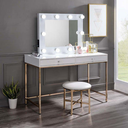 Ottey - Vanity Desk - White High Gloss & Gold Finish ACME 