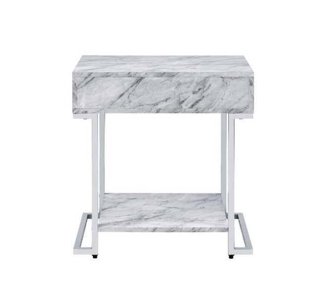 Wither - Accent Table - White Printed Faux Marble & Chrome Finish ACME 