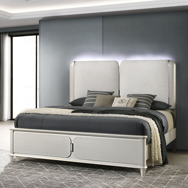 Laveda - Eastern King Bed With LED - Light Gray Boucle & Pearl White Finish ACME 