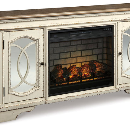 Realyn - Chipped White - 2 Pc. - 74" TV Stand With Electric Infrared Fireplace Insert Signature Design by Ashley® 