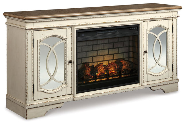 Realyn - Chipped White - 2 Pc. - 74" TV Stand With Electric Infrared Fireplace Insert Signature Design by Ashley® 