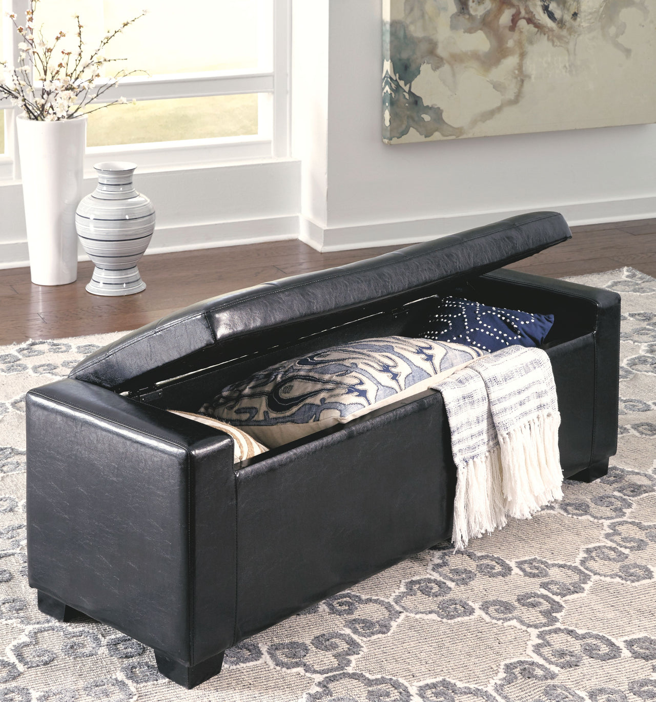 Benches - Black - Upholstered Storage Bench - Faux Leather - Tony's Home Furnishings