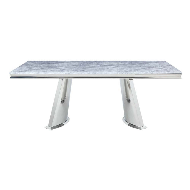 Destry Dining Table - Faux Marble Top & Mirrored Silver Finish ACME 