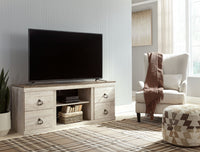 Thumbnail for Willowton - Whitewash - 2 Pc. - TV Stand With Faux Firebrick Fireplace Insert