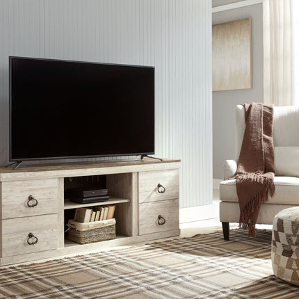 Willowton - Whitewash - 2 Pc. - TV Stand With Faux Firebrick Fireplace Insert Signature Design by Ashley® 