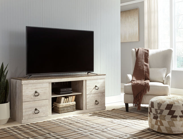 Willowton - Whitewash - 2 Pc. - TV Stand With Faux Firebrick Fireplace Insert Signature Design by Ashley® 