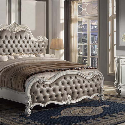 Versailles II - Queen Bed - Vintage Gray PU & Bone White Finsih ACME 