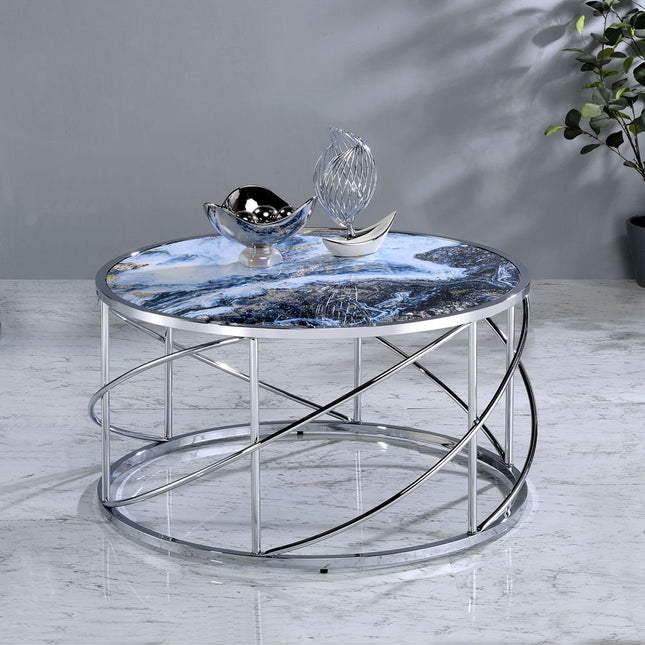 Lyda - Coffee Table - Blue Marble Print & Chrome - Tony's Home Furnishings