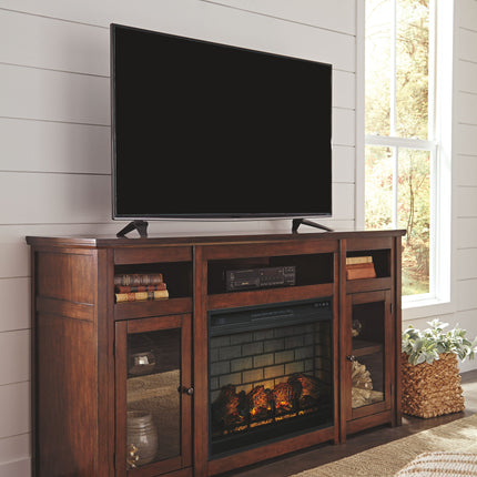 Harpan - Reddish Brown - 2 Pc. - 72" TV Stand With Electric Infrared Fireplace Insert Signature Design by Ashley® 