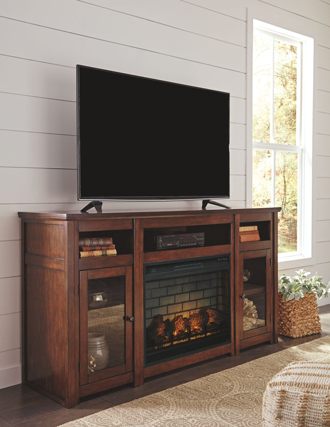 Harpan - Reddish Brown - 2 Pc. - 72" TV Stand With Electric Infrared Fireplace Insert Signature Design by Ashley® 