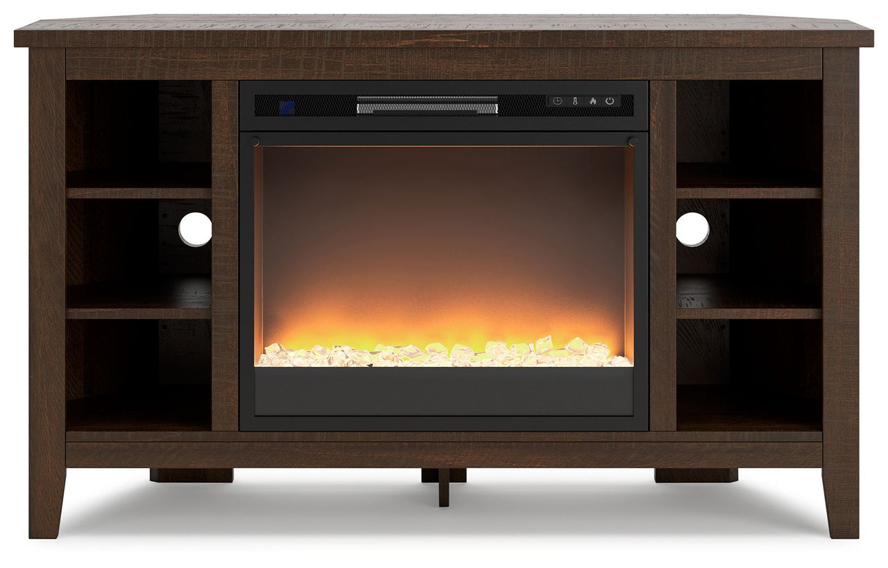 Camiburg - Warm Brown - Corner TV Stand With Fireplace Insert Glass/Stone - Tony's Home Furnishings