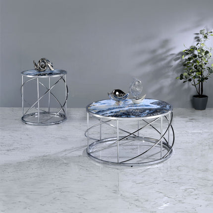 Lyda - Coffee Table - Blue Marble Print & Chrome - Tony's Home Furnishings