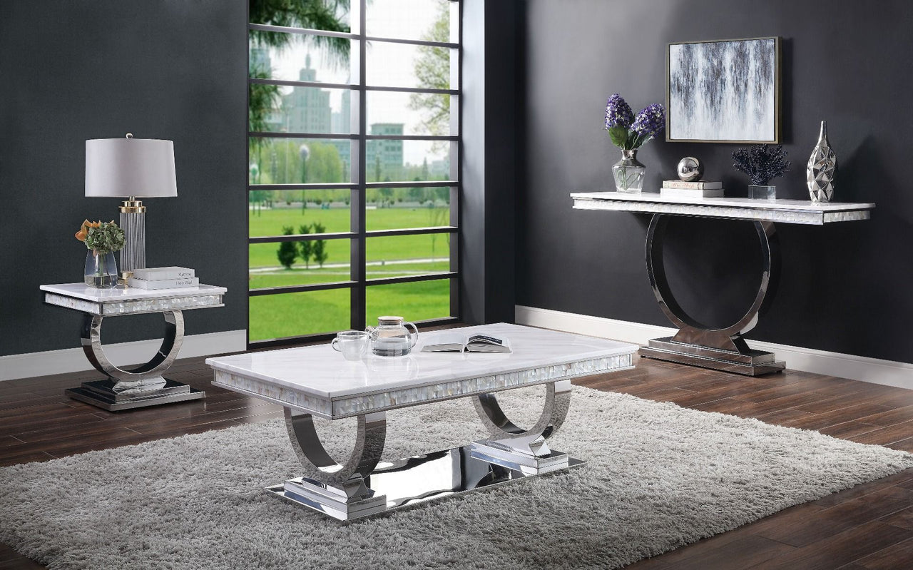 Zander - Accent Table - White Printed Faux Marble & Mirrored Silver Finish ACME 