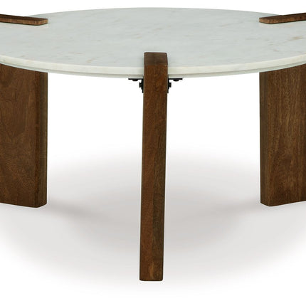 Isanti - White / Brown - Round Cocktail Table Signature Design by Ashley® 