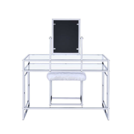 Carenze II - Vanity Desk - White Faux Fur & Chrome ACME 