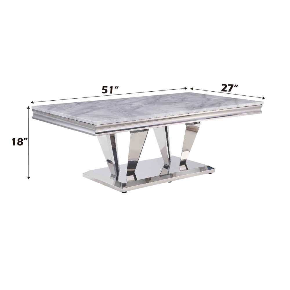 Satinka - Coffee Table - Light Gray Printed Faux Marble & Mirrored Silver Finish ACME 