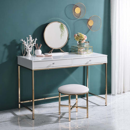 Ottey - Vanity Desk - White High Gloss & Gold Finish ACME 