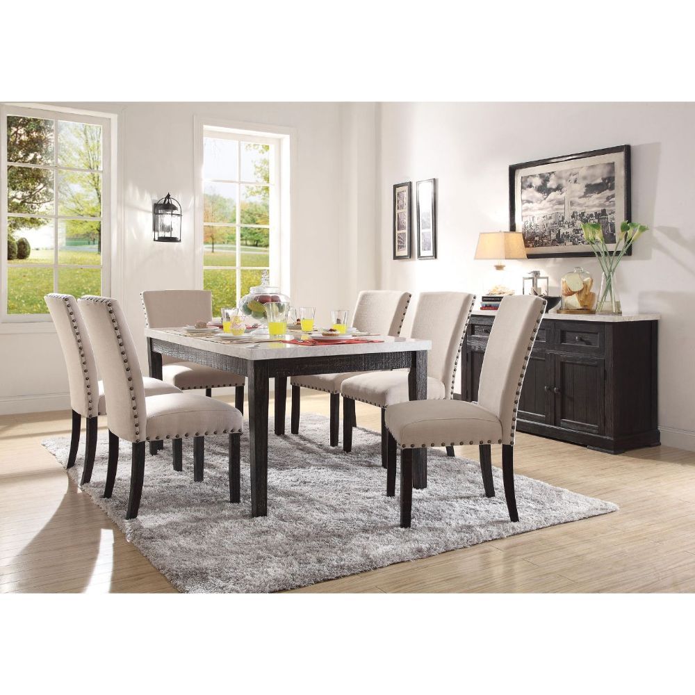 Nolan - Dining Table - White Marble & Salvage Dark Oak ACME 