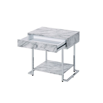 Wither - Accent Table - White Printed Faux Marble & Chrome Finish ACME 