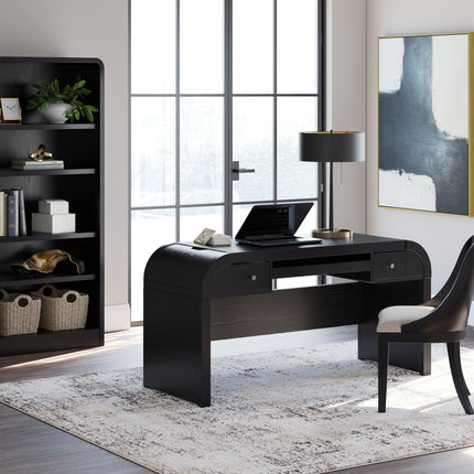 Rowanbeck - Black - 3 Pc. - Home Office Desk, Chair, Bookcase - Tony's Home Furnishings