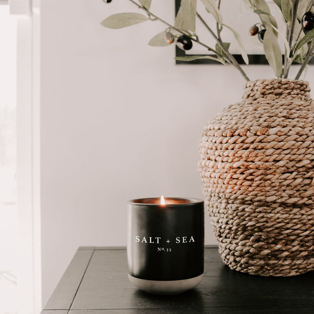 Salt and Sea Soy Candle - Black Stoneware Jar - 12 oz - Tony's Home Furnishings