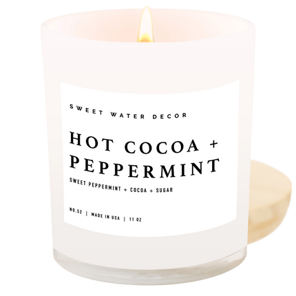 Hot Cocoa and Peppermint Soy Candle - White Jar - 11 oz Sweet Water Decor 