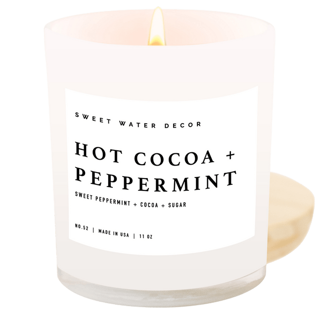 Hot Cocoa and Peppermint Soy Candle - White Jar - 11 oz Sweet Water Decor 