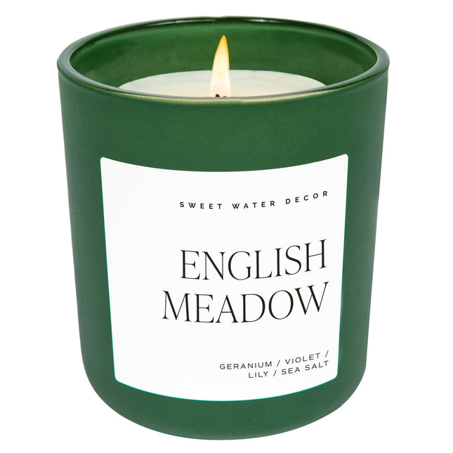 English Meadow Soy Candle - Green Matte Jar - 15 oz (Wildflowers and Salt) - Tony's Home Furnishings