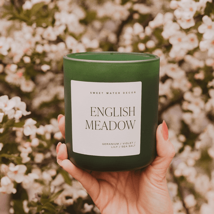 English Meadow Soy Candle - Green Matte Jar - 15 oz (Wildflowers and Salt) - Tony's Home Furnishings