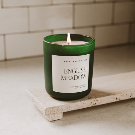 English Meadow Soy Candle - Green Matte Jar - 15 oz (Wildflowers and Salt) - Tony's Home Furnishings