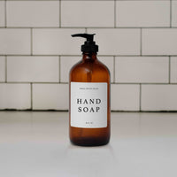 Thumbnail for 16oz Amber Glass Hand Soap Dispenser - White Text Label Tony's Home Furnishings Furniture. Beds. Dressers. Sofas.